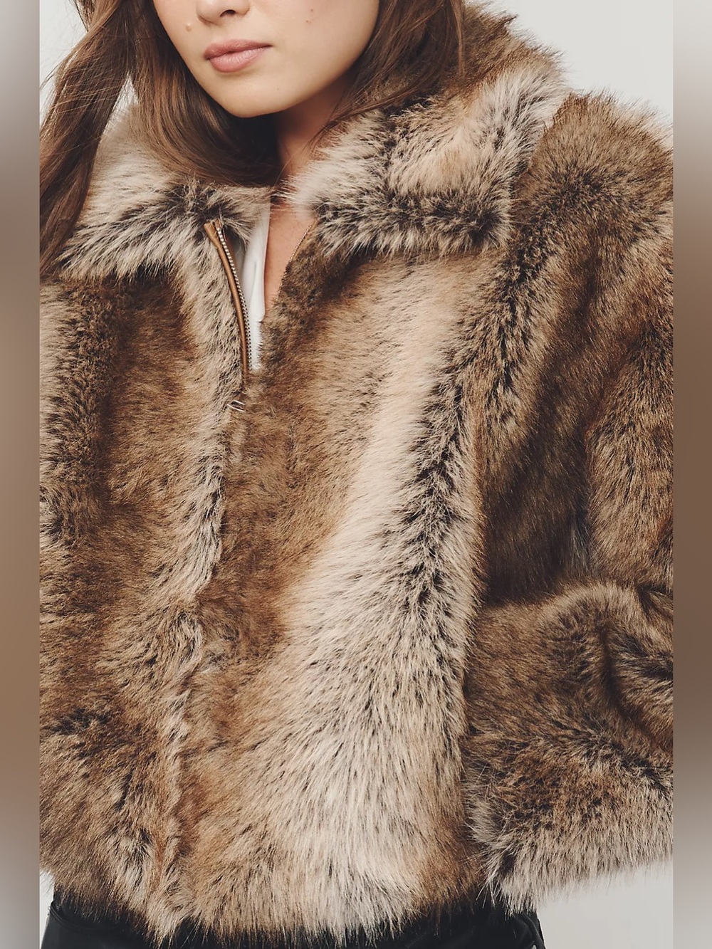 Anthropologie Maeve Rae Faux Fur Crop Plush Brown Teddy Jacket Front Zip-up NEW